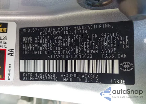 2020 Toyota Avalon Xle z USA, uszkodzony, nr VIN 4T1A21FB3LU015033